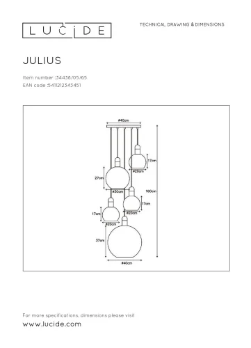 Светильник подвесной Julius 34438/05/65 Lucide чёрный 5 ламп, основание чёрное в стиле винтаж каскад шар фото 2